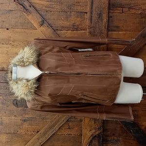 a.n.a. Distressed Brown Leather coat with Fur Trim new with tags